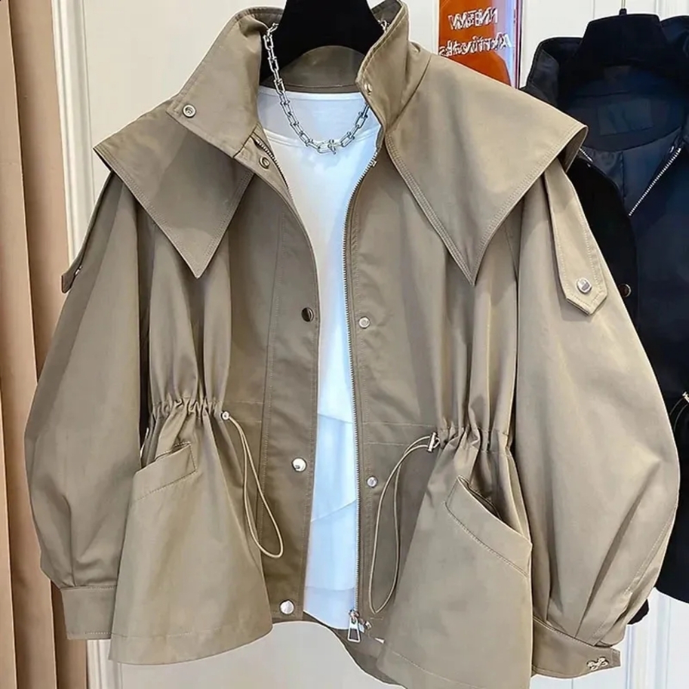 Jia Yue tan cropped trench coat hooded jacket XL